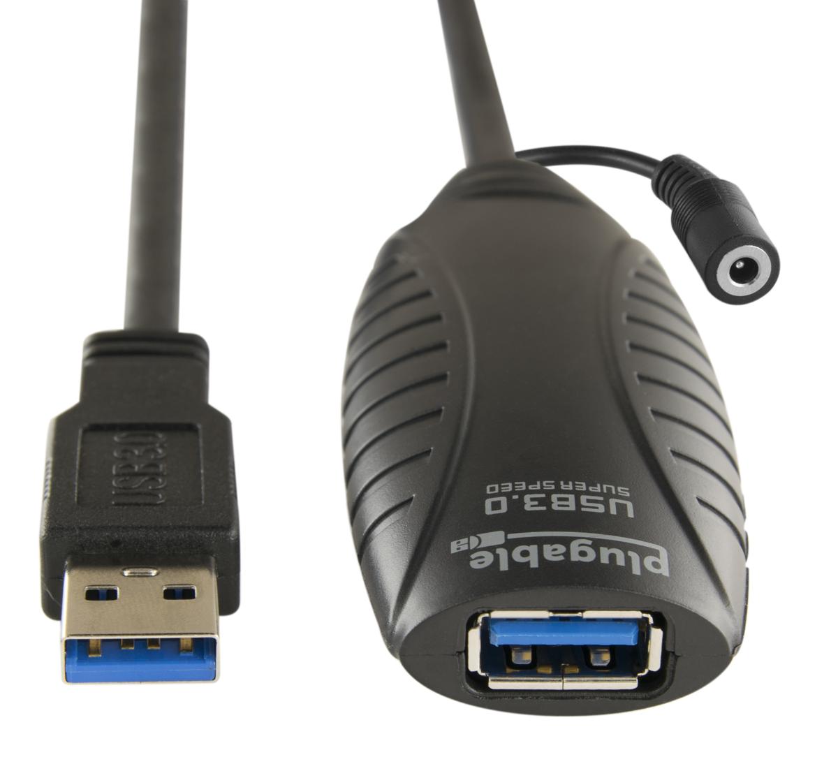 Plugable USB 3.0 10M (32ft) Extension Cable with Power Adapter and Bac