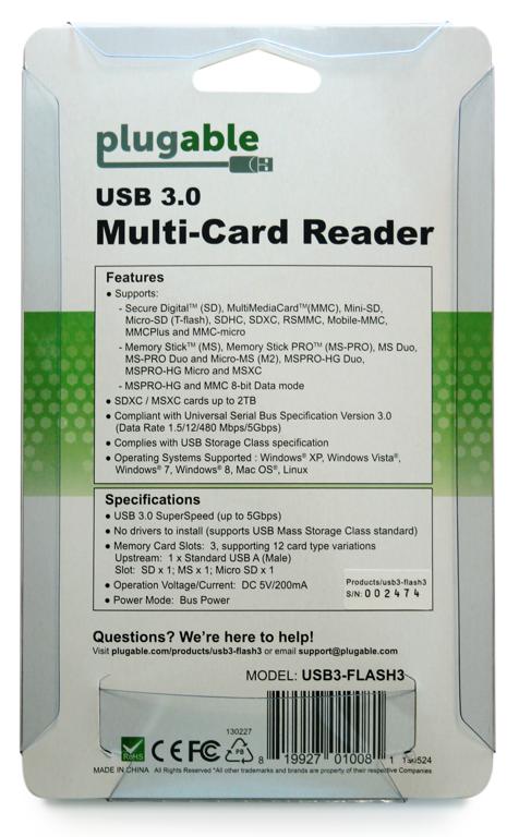 Back of the packaging for the Plugable Multi-Card Reader