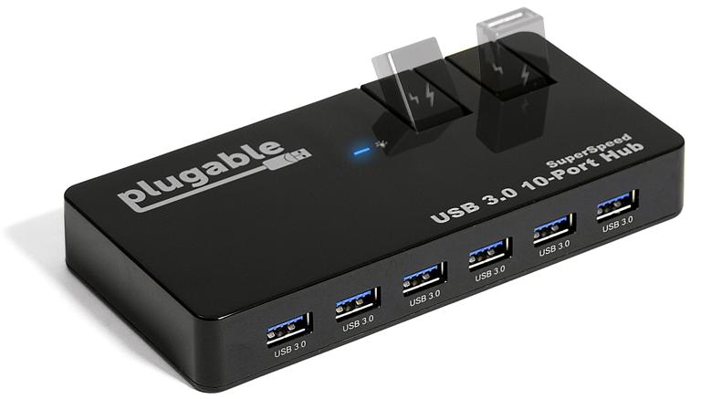The Plugable USB 3.0 10-port hub with 48W power adapter