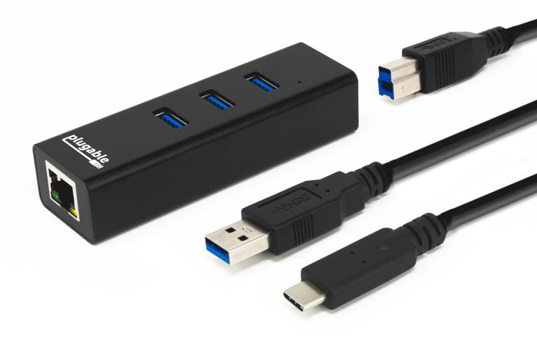 The Plugable USB 3.0 Gigabit Ethernet adapter with three port USB 3.0 hub