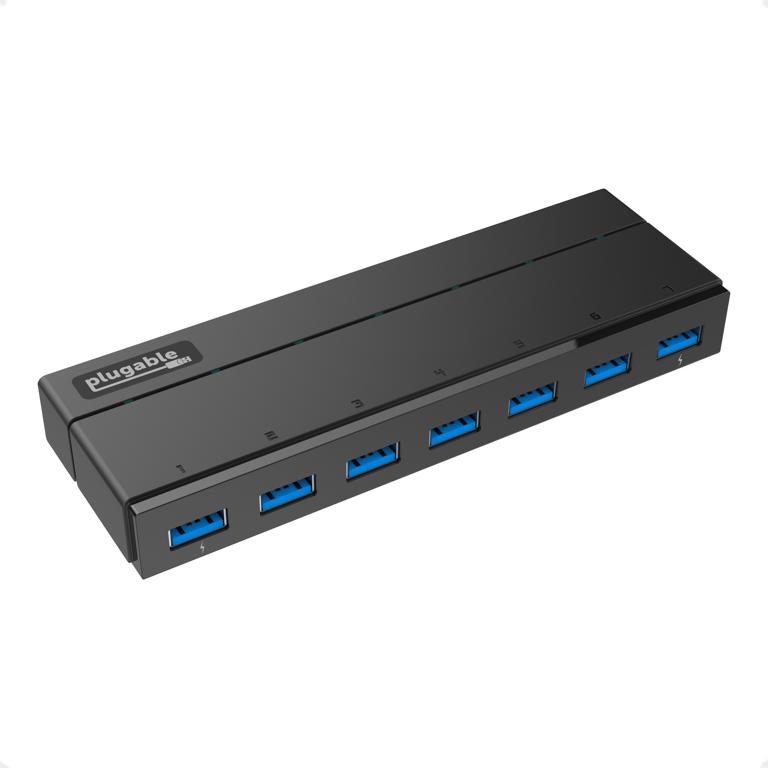 The Plugable USB 3.0 7-Port Hub with 2 BC 1.2 Charging Ports and 36W Power Adapter