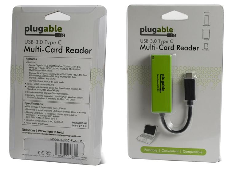 Image of the product packaging for the Plugable USB-C Flash Memory Card Reader