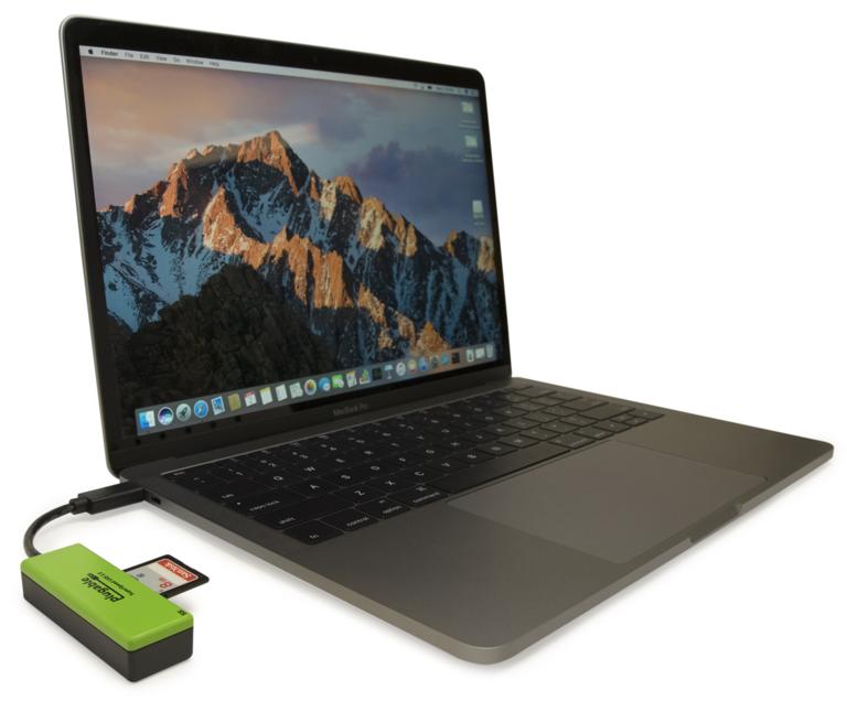 Image of the Plugable USBC-FLASH3 plugged into a MacBook