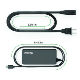Thumbnail of Image displaying the dimensions of the Plugable Power Delivery adapter, its USB-C cable, and its AC plug