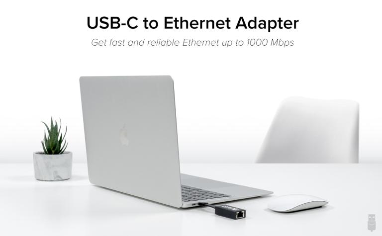 Lifestyle image of the USBC-TE1000 Ethernet adapter