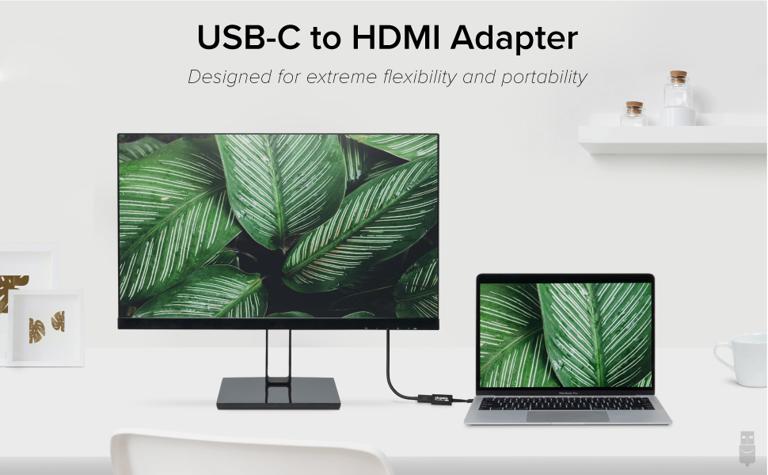 Image of the Plugable USB-C to HDMI Adapter connecting a laptop to a 4K display