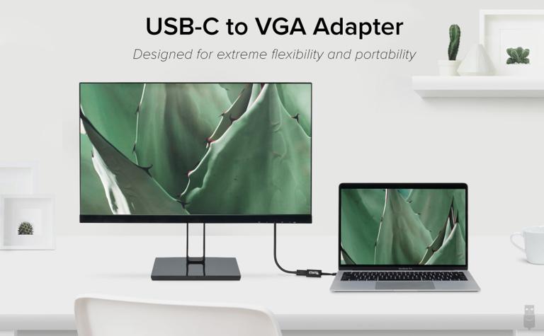 Image of the Plugable USB-C to VGA Adapter connecting a laptop to a secondary display