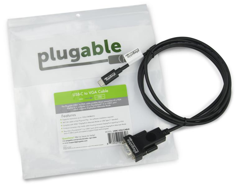 Image of the product packaging for the Plugable USB-C to VGA cable